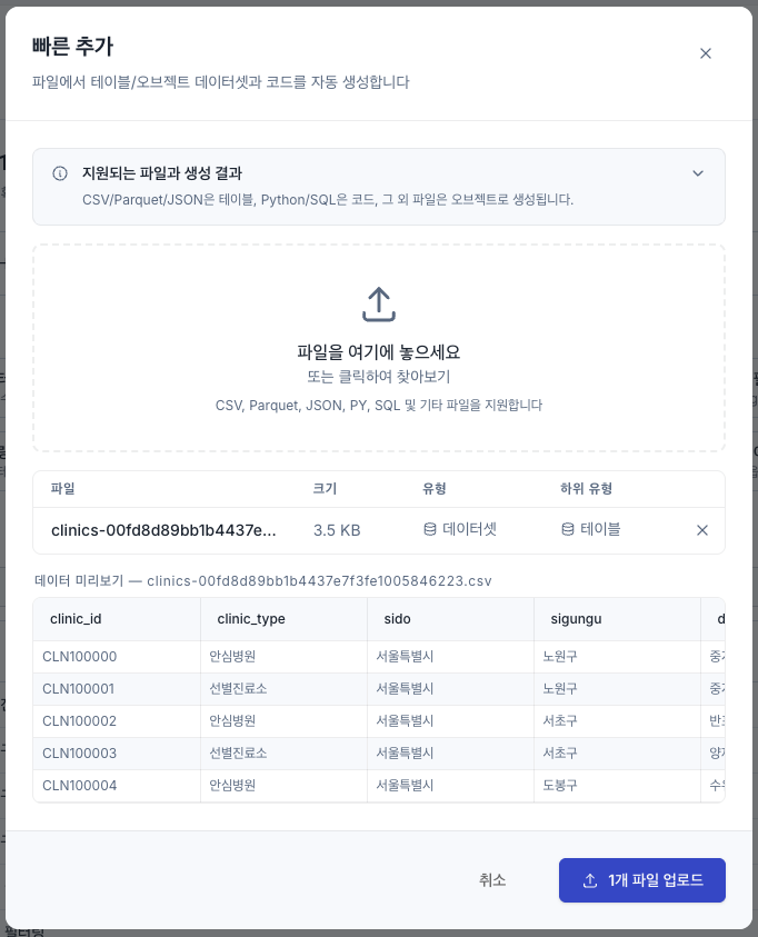 clinics CSV 파일의 유형과 데이터를 확인하는 빠른 추가 미리보기 창
